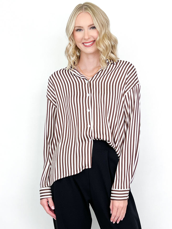 Norah - Brown + Cream Striped Button Down Top