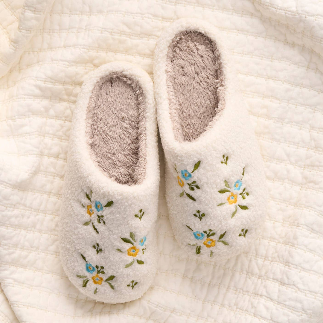 Mindy - Floral Fuzzy Slippers - (Cream/Blue)