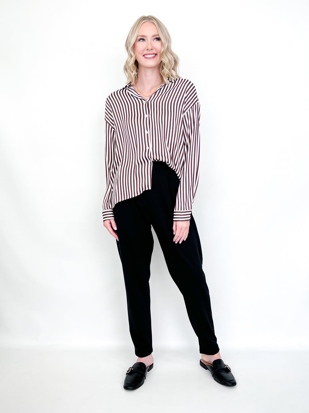 Norah - Brown + Cream Striped Button Down Top