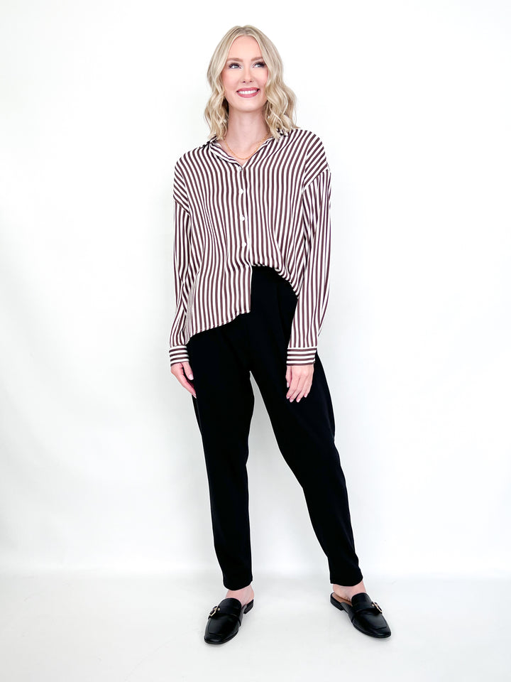 Norah - Brown + Cream Striped Button Down Top