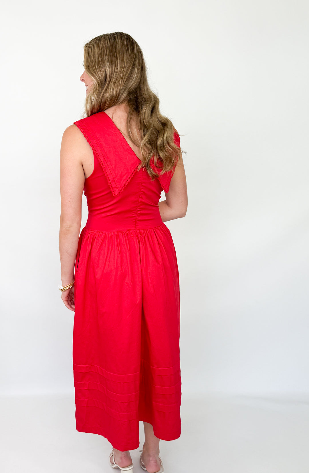 Carolyn - Red Collared Lace Trim Midi Dress