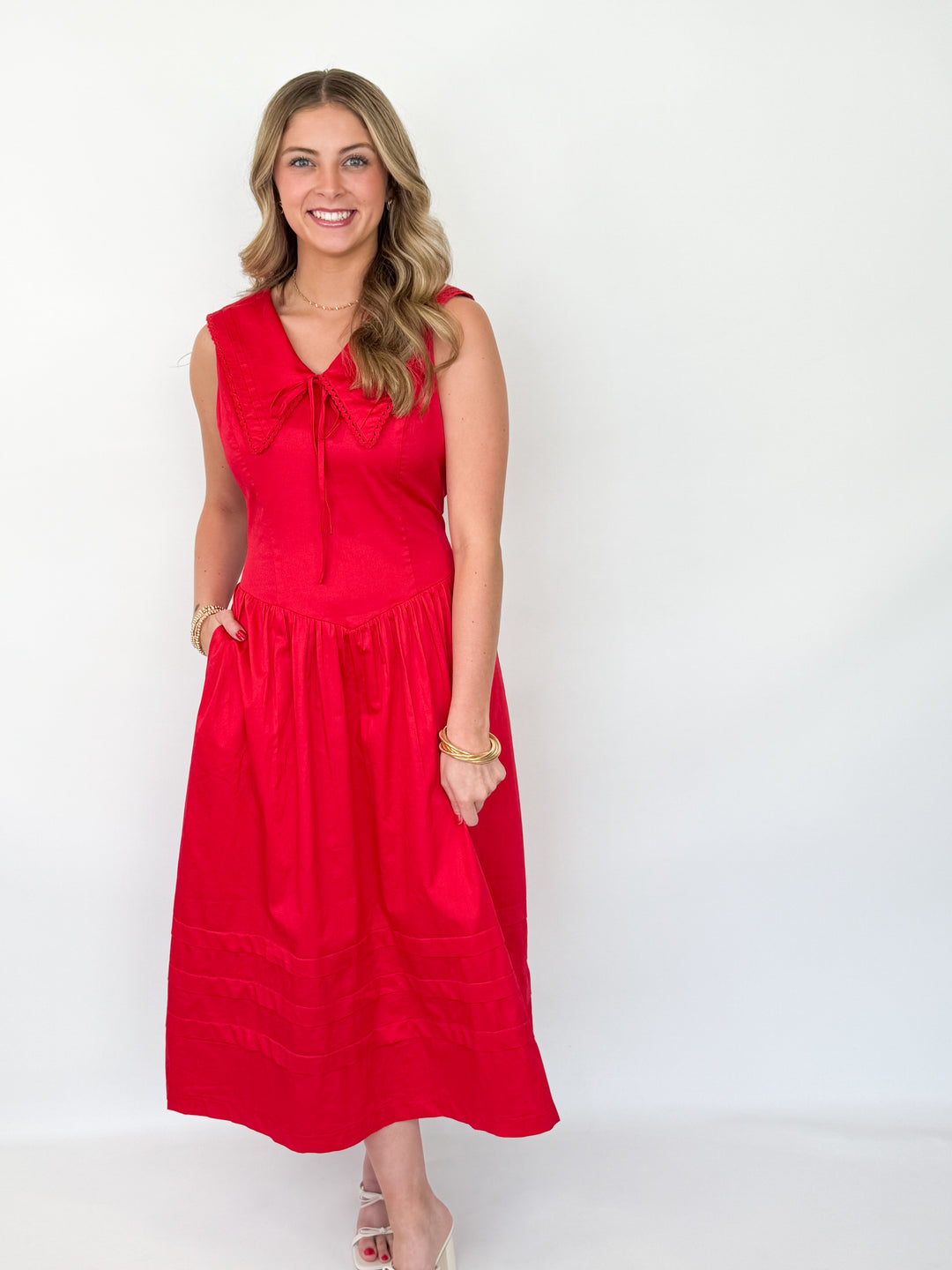 Carolyn - Red Collared Lace Trim Midi Dress