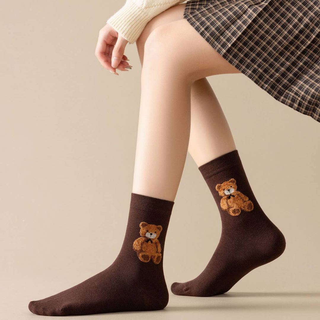 Teddy Bear Crew Socks - Dark Brown