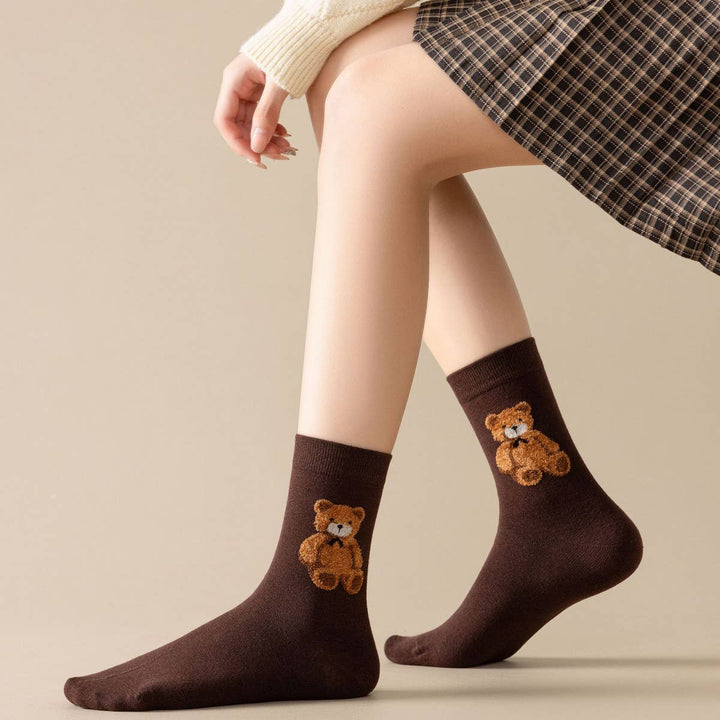 Teddy Bear Crew Socks - Dark Brown