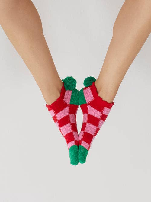Paxton - Pink + Red Checkered Pom Socks