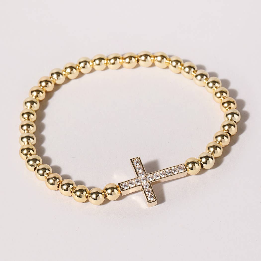 Mary - CZ Pave Cross Gold Beaded Bracelet