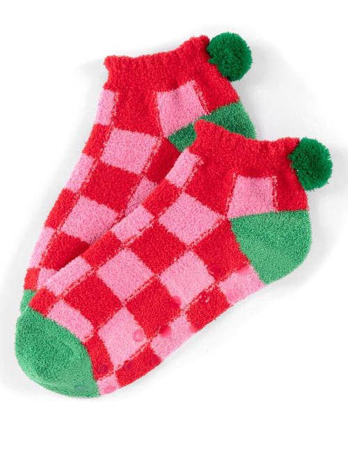 Paxton - Pink + Red Checkered Pom Socks