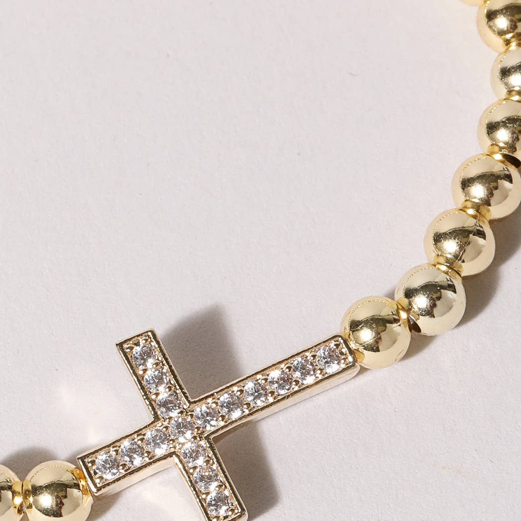 Mary - CZ Pave Cross Gold Beaded Bracelet