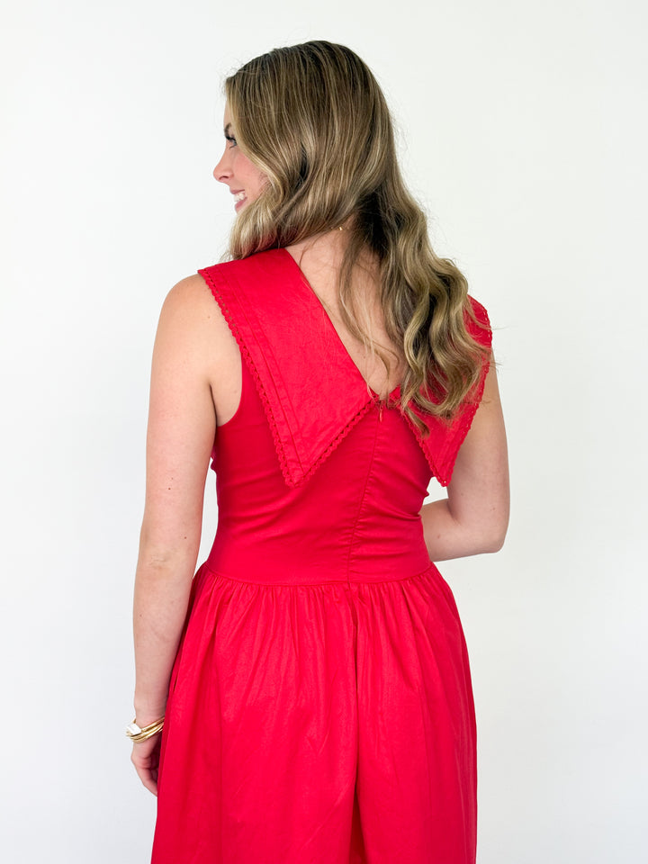 Carolyn - Red Collared Lace Trim Midi Dress
