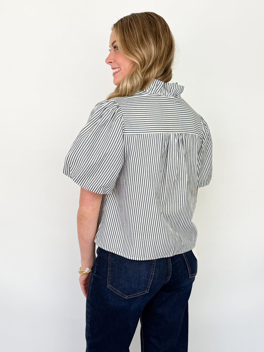 Darla - Striped Ruffle Button Down Top (Navy)