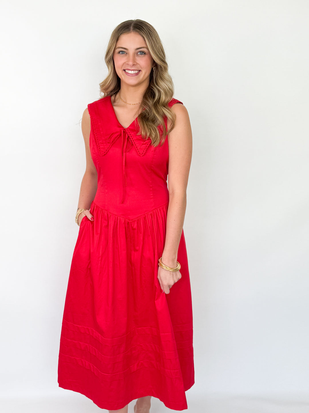 Carolyn - Red Collared Lace Trim Midi Dress