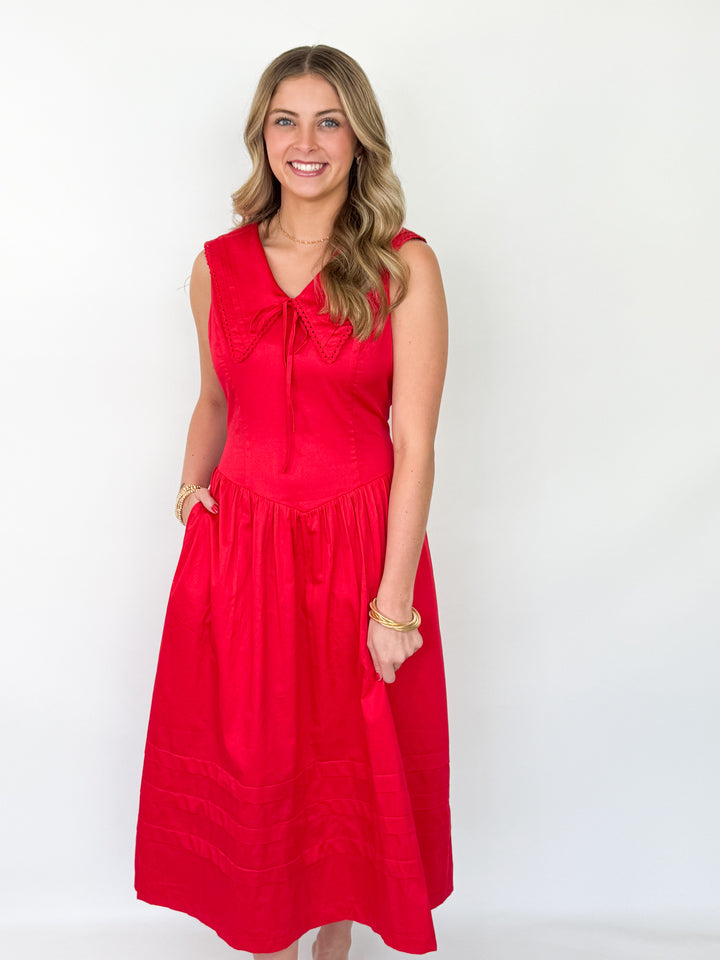 Carolyn - Red Collared Lace Trim Midi Dress