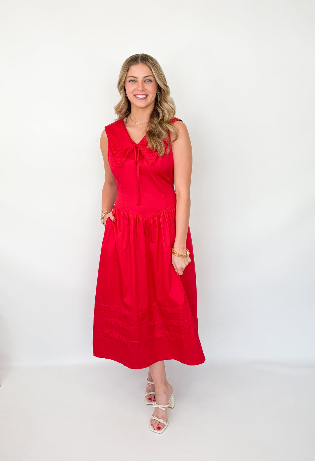 Carolyn - Red Collared Lace Trim Midi Dress