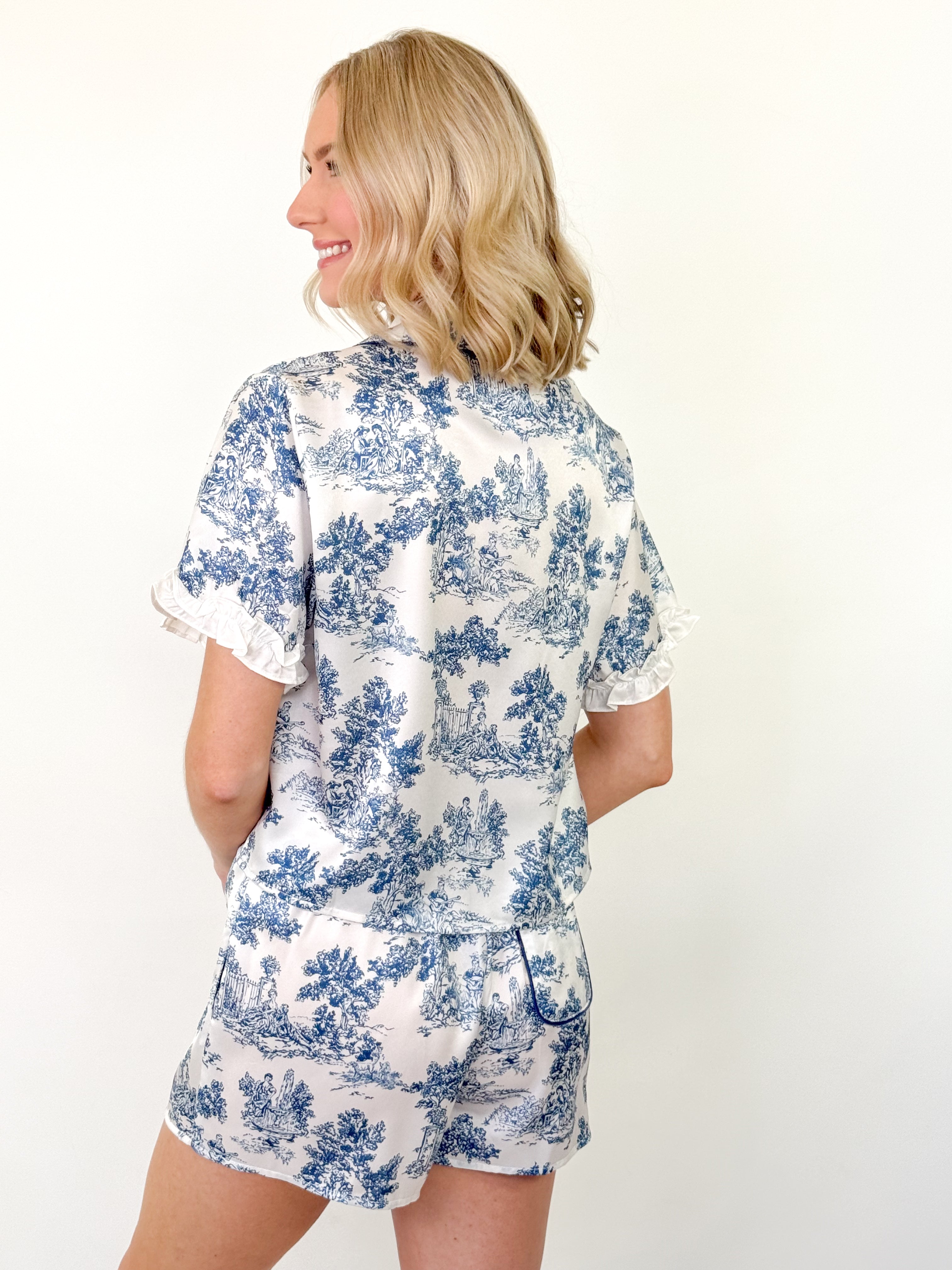 Louise - Blue Toile Satin Pajama Short Set