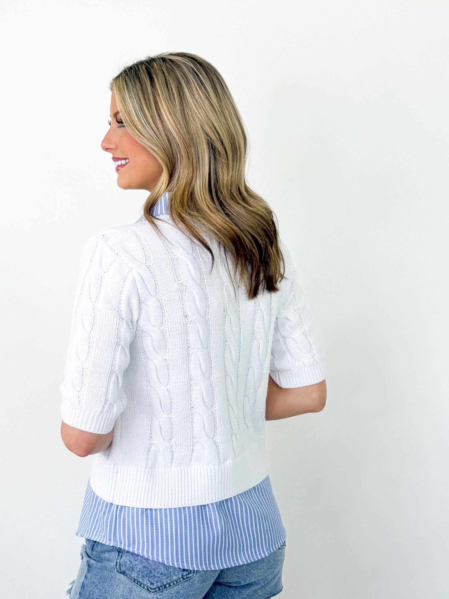 Heather - Cable Knit Sweater & Striped Shirt