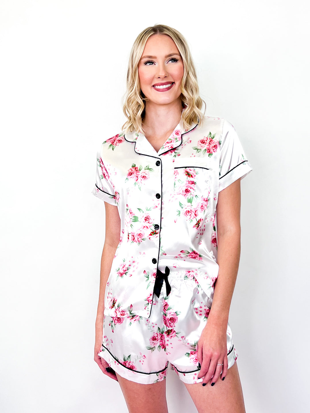 Satin Pink Roses Pajama Set