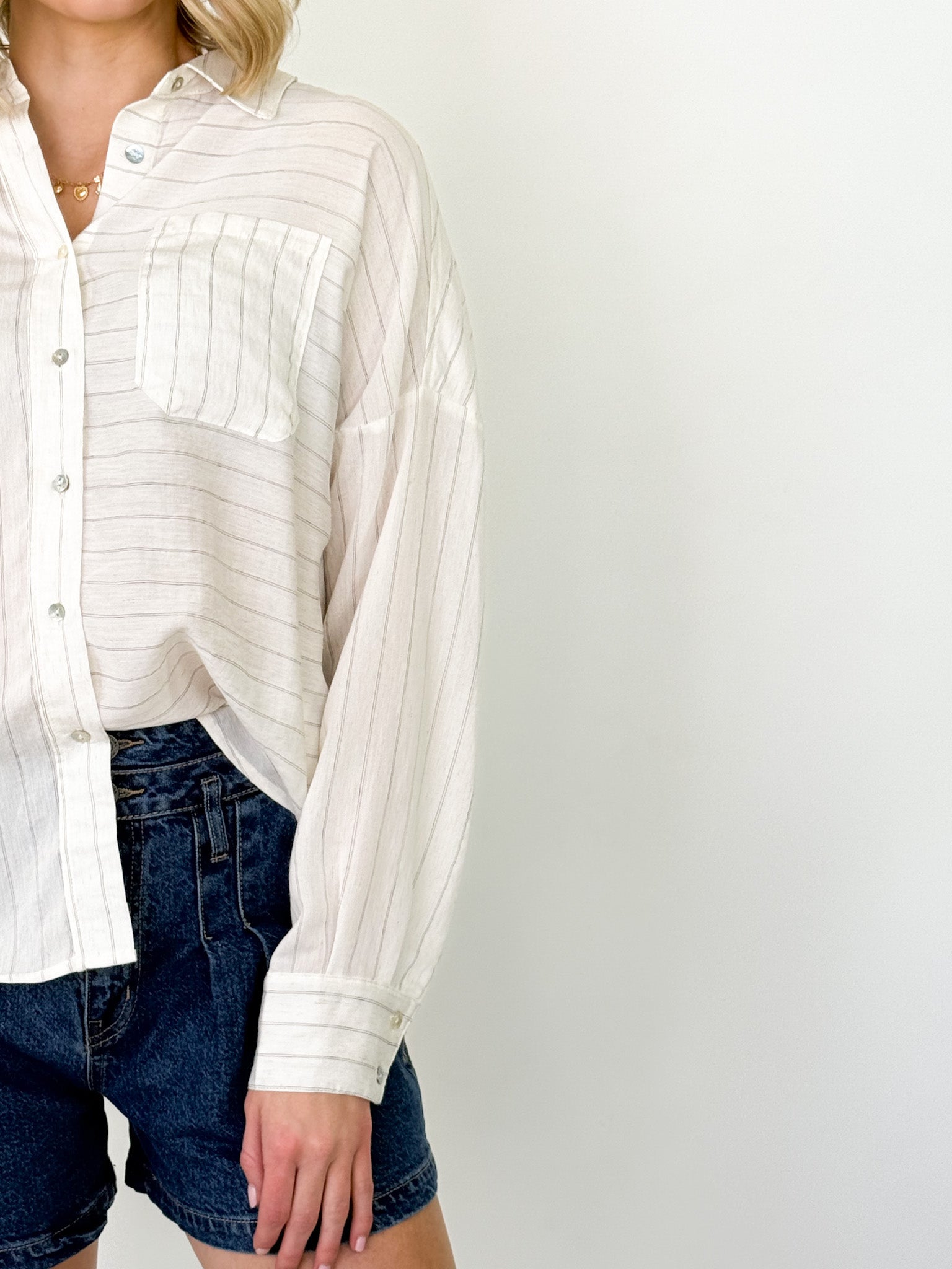 Chelsey - White Striped Button Down Top