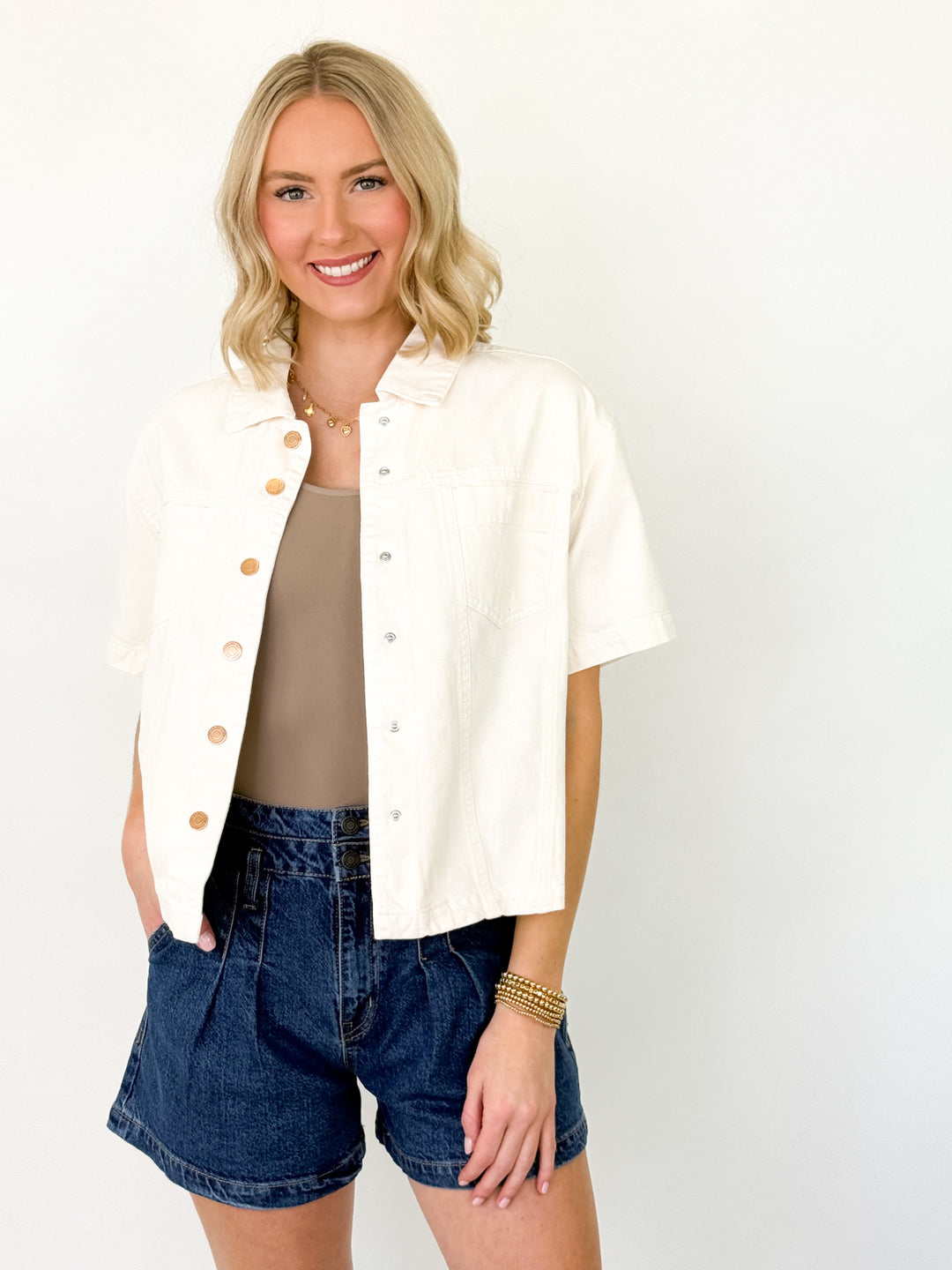 Mia - Cream Denim Short Sleeve Top