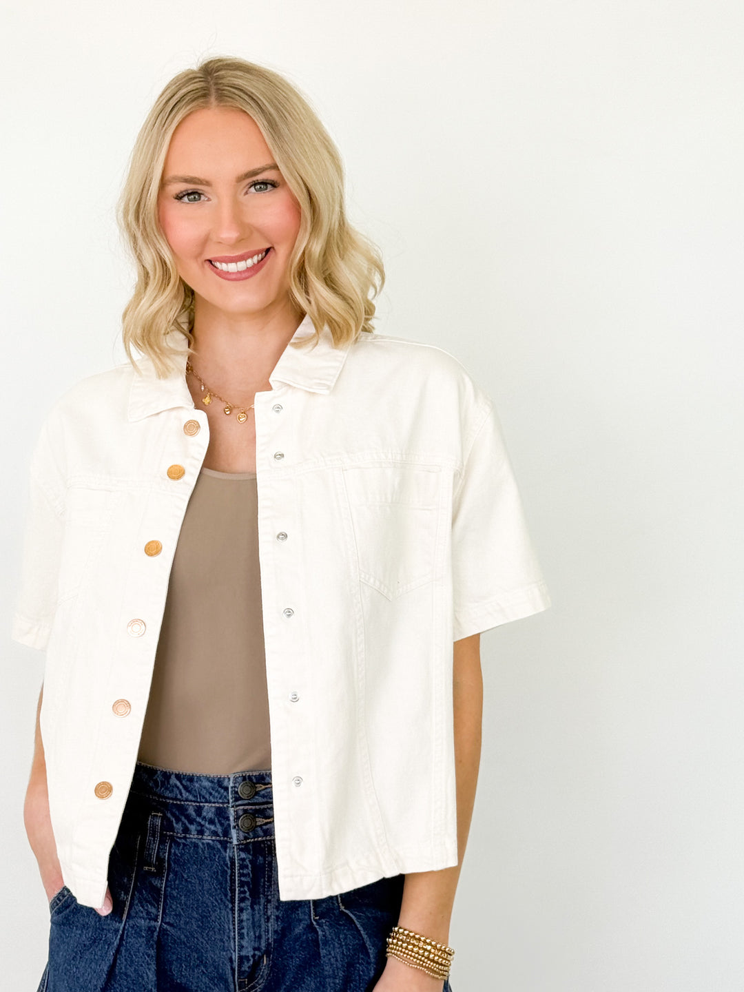 Mia - Cream Denim Short Sleeve Top