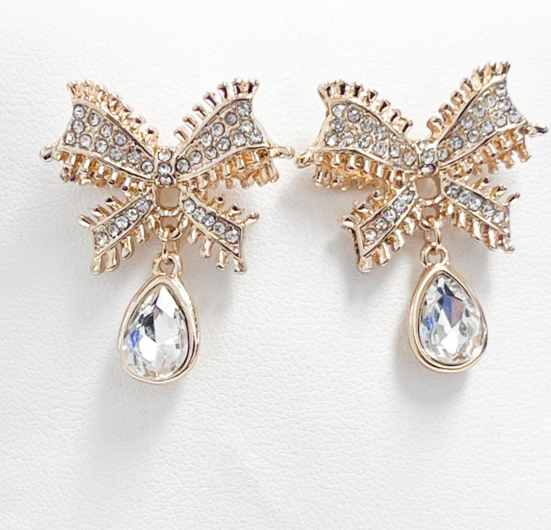 Alina - Gold Rhinestone Bow Earrings w/ Teardrop Rhinestone