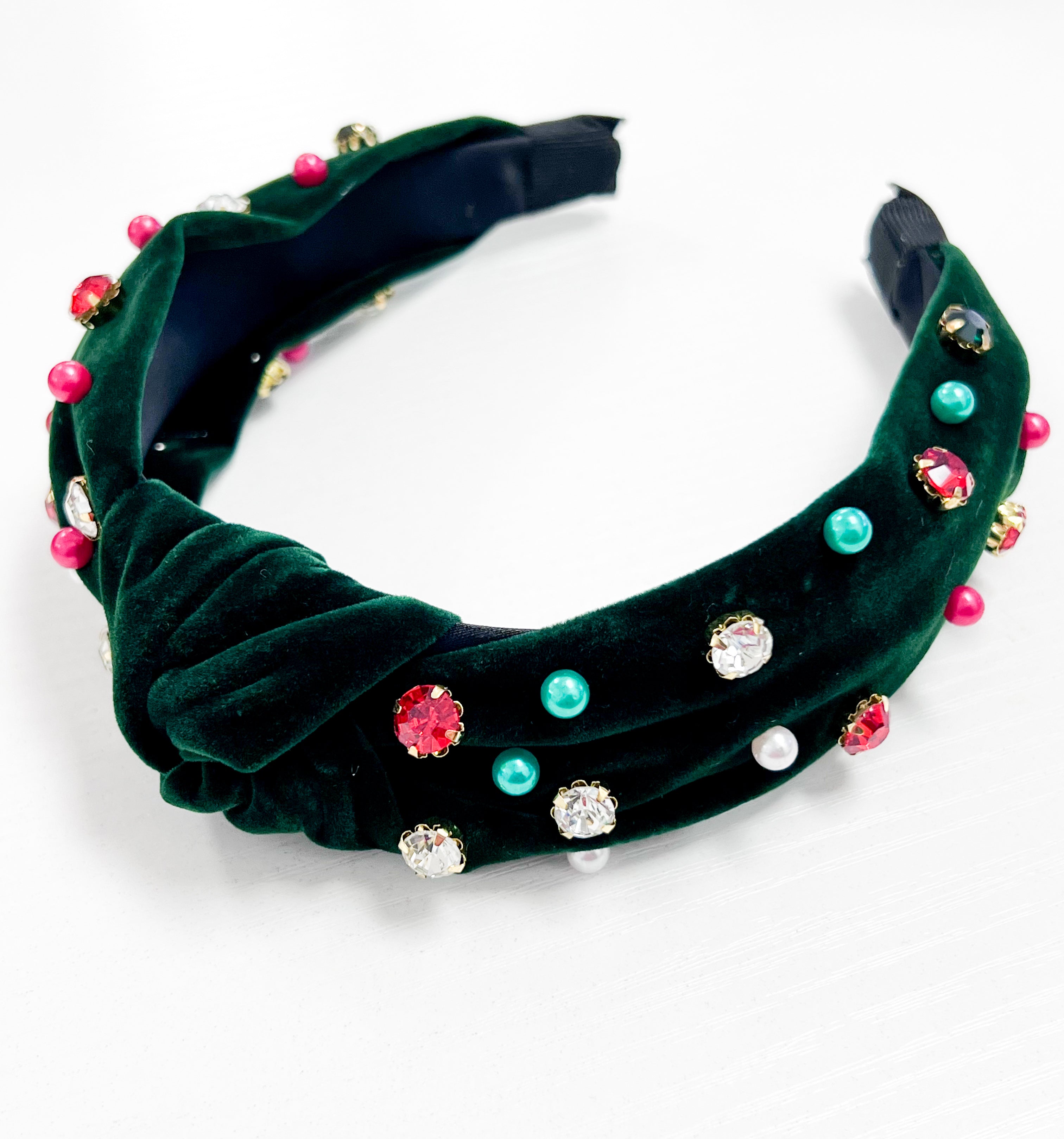 Velvet Rhinestone & Pearl Headband - Green