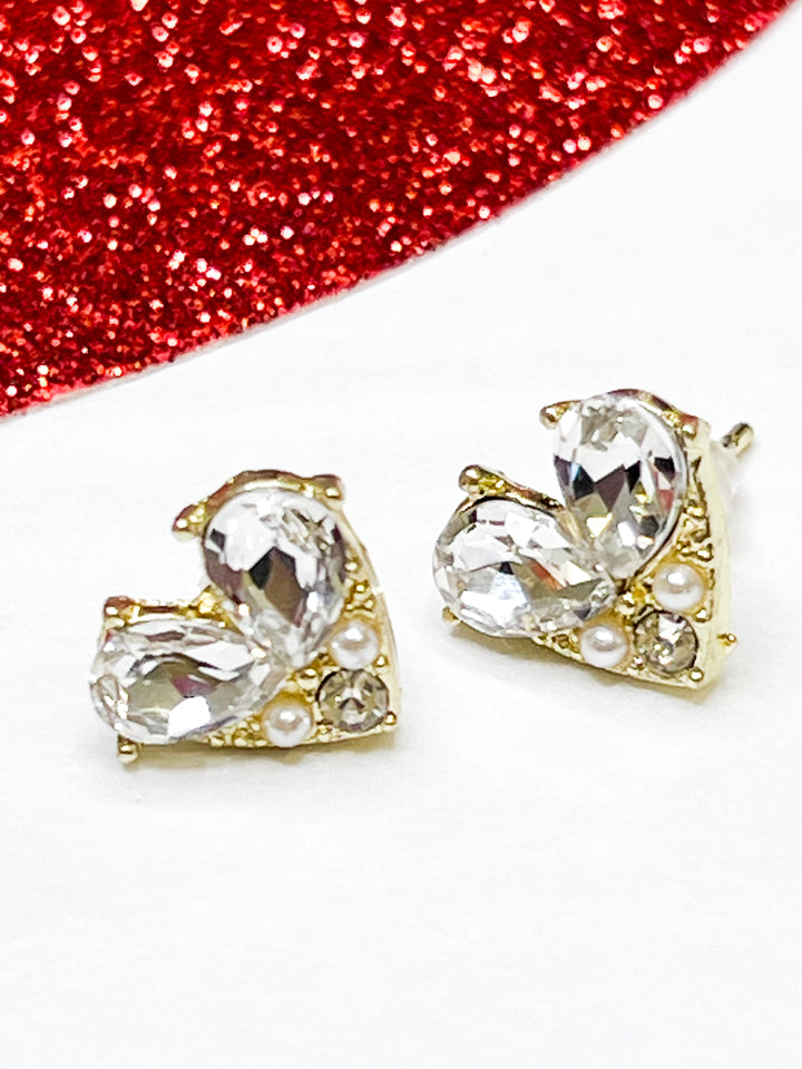 Hanna - Gold Rhinestone & Pearl Heart Earrings