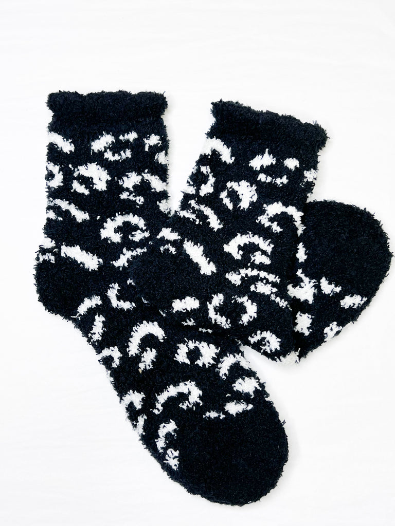 Fuzzy Leopard Socks - Black & White