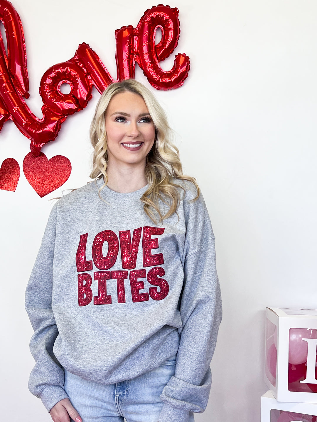 "Love Bites" Faux Sequin Graphic Sweatshirt