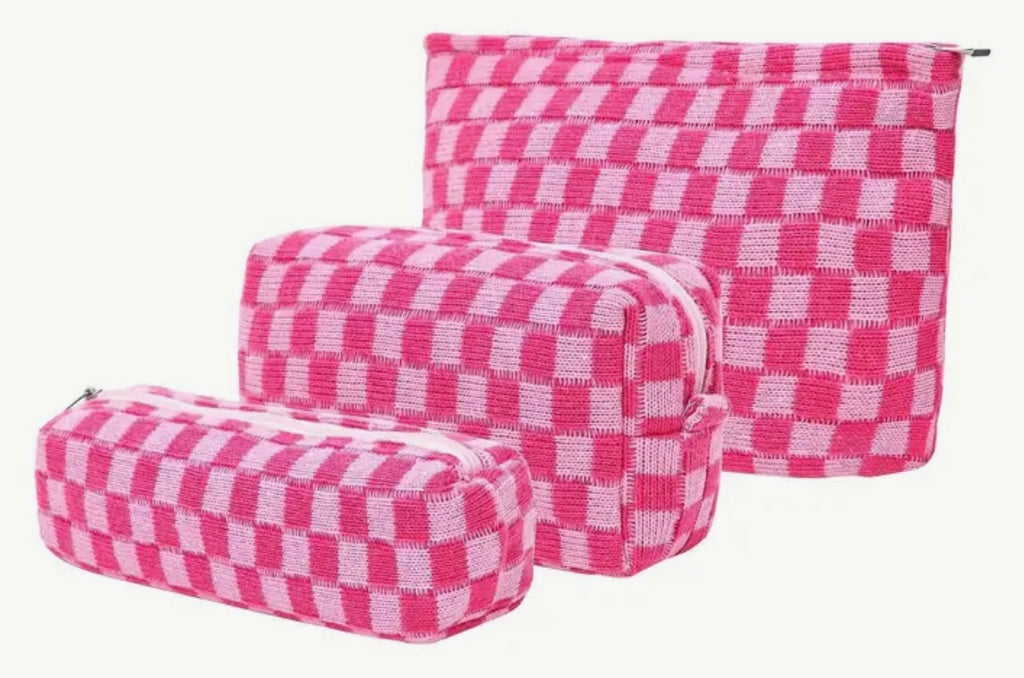 Pink Checkered Cosmetic Bag Set of 3