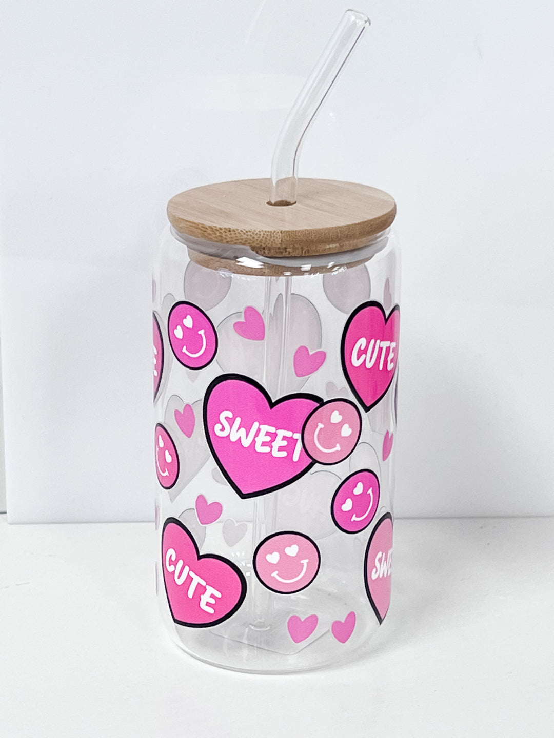 Drinking Glass 16 oz. - Smiley Face & Hearts