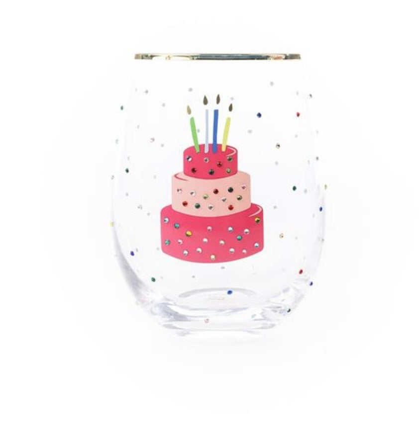 Rhinestone Birthday Cake Stemless Wine Glass