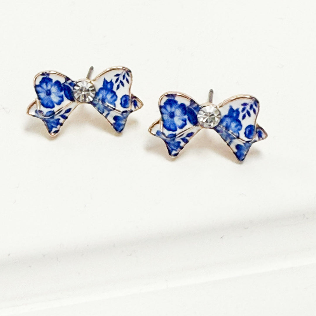 Presley - Blue Toile Bow Stud Earrings