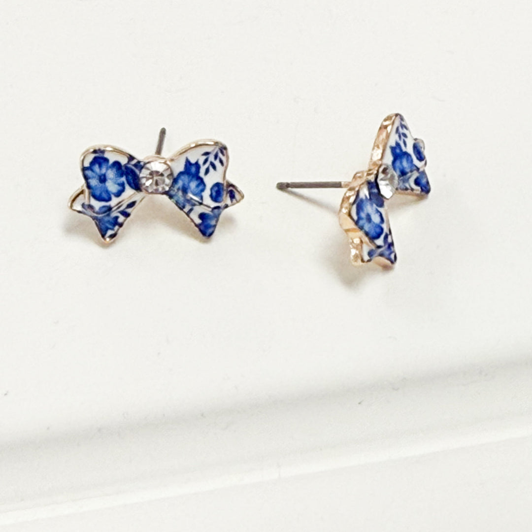 Presley - Blue Toile Bow Stud Earrings