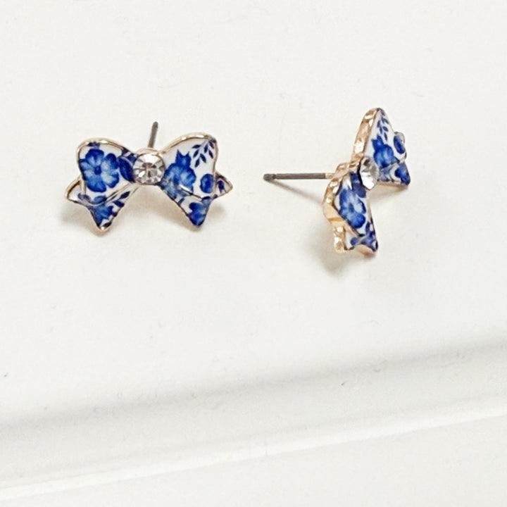 Presley - Blue Toile Bow Stud Earrings