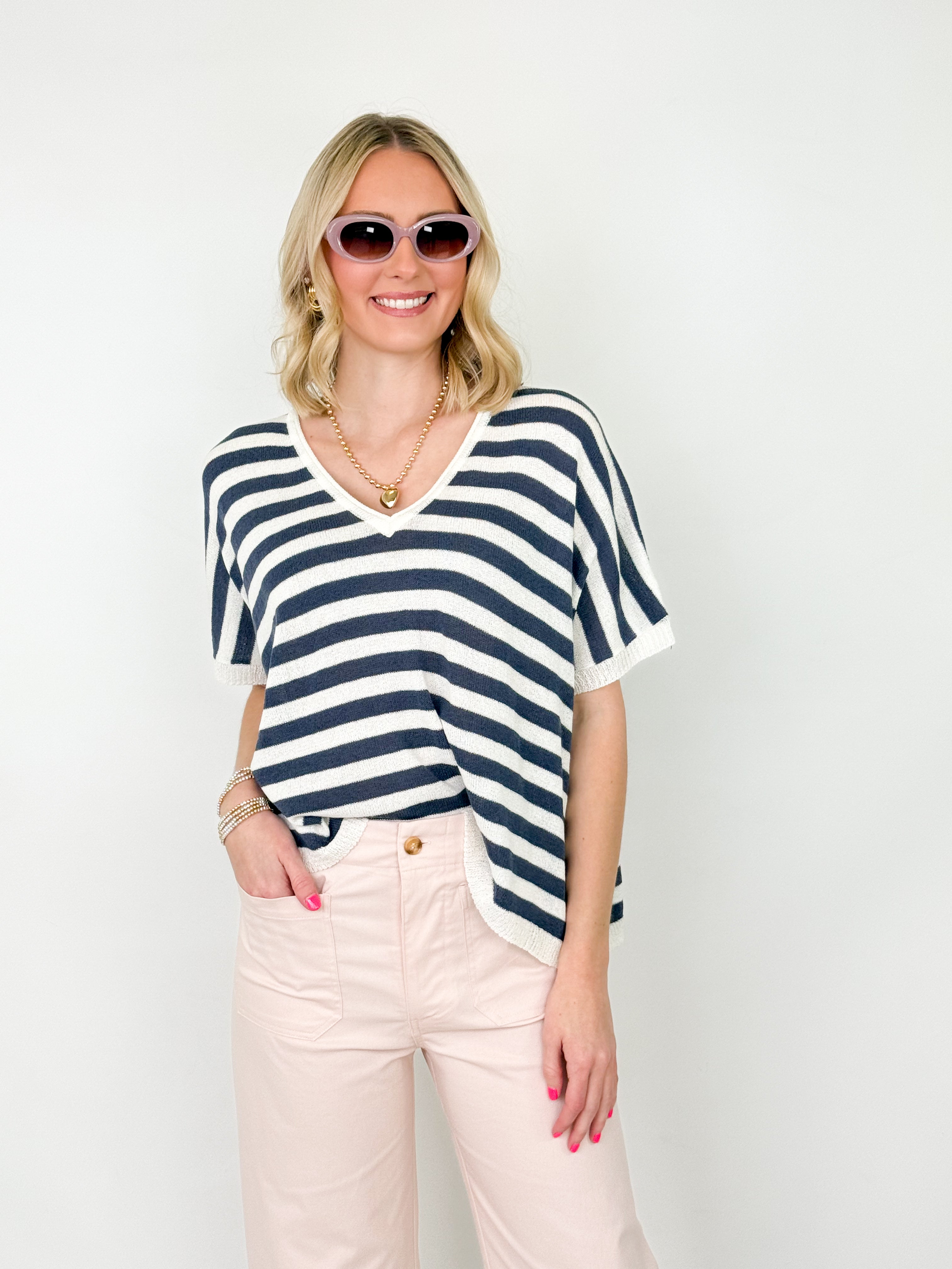 Brandy - V-Neck Oversized Striped Knit Top