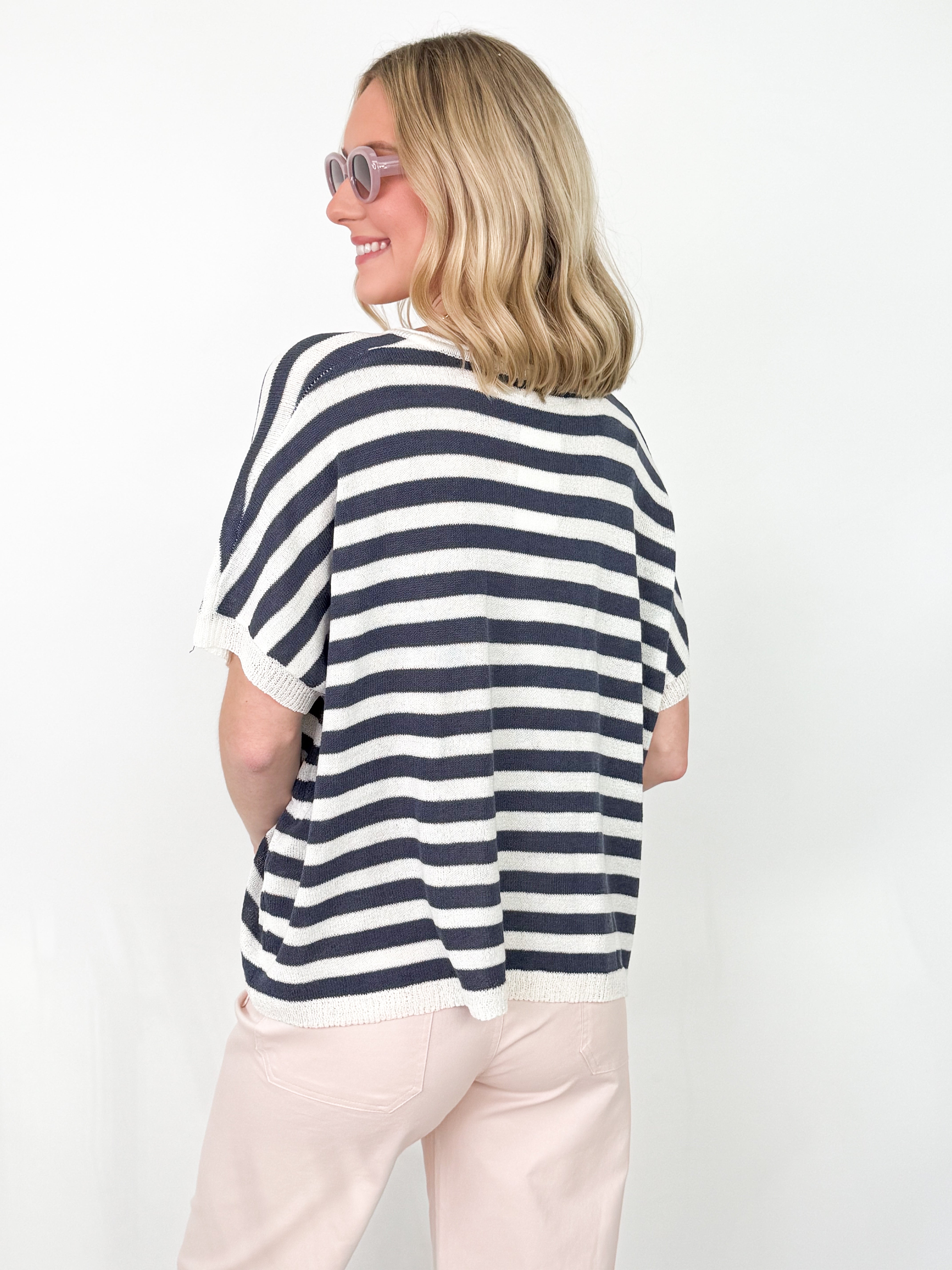 Brandy - V-Neck Oversized Striped Knit Top