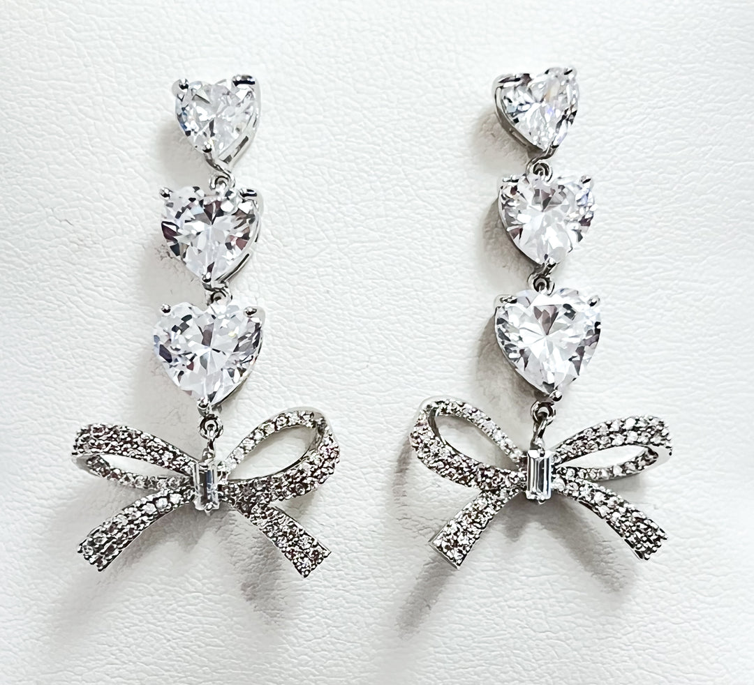 Charlie - Tiered Heart Rhinestone Earrings w/ Bow