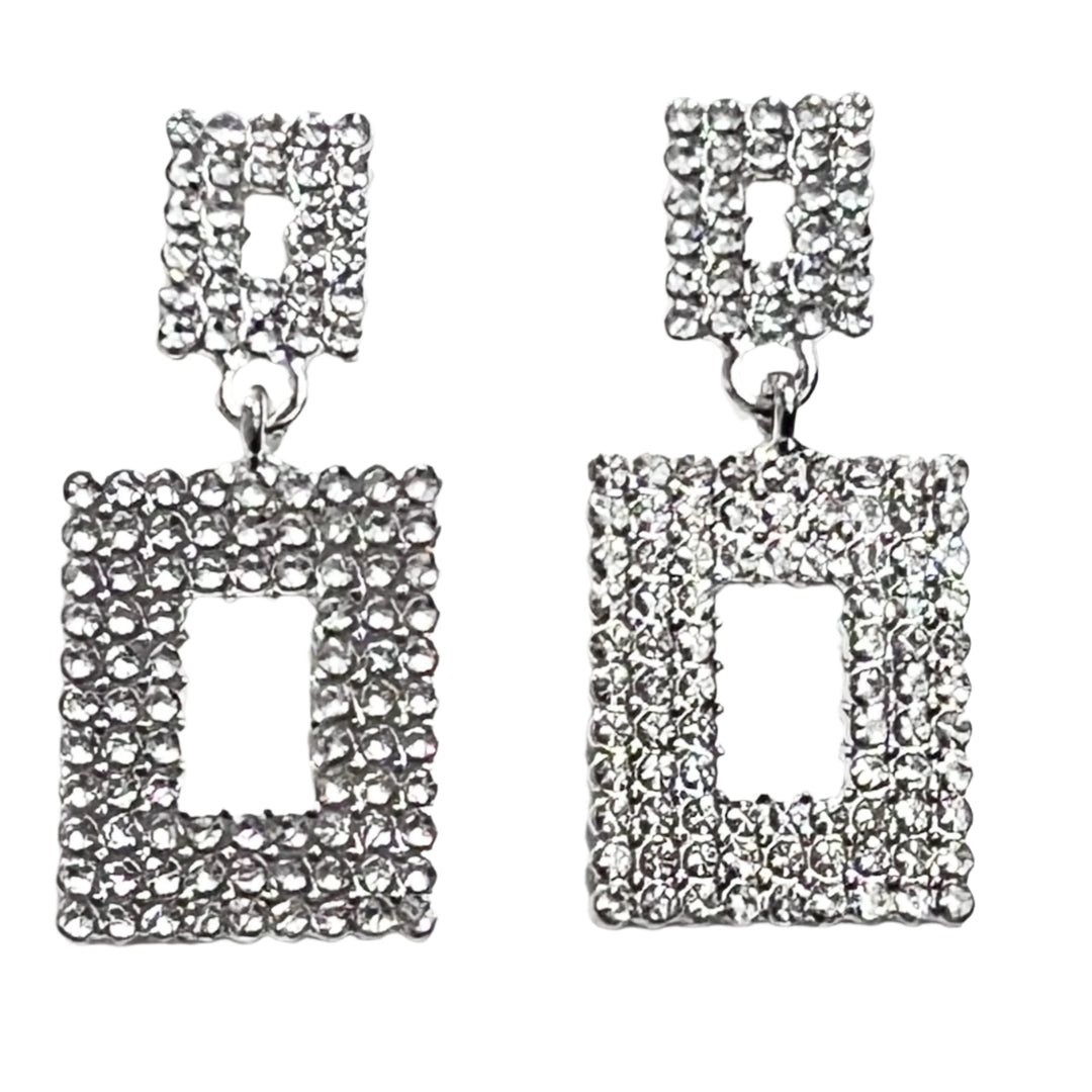 Eleanor - Rectangle Rhinestone Earrings (Silver)