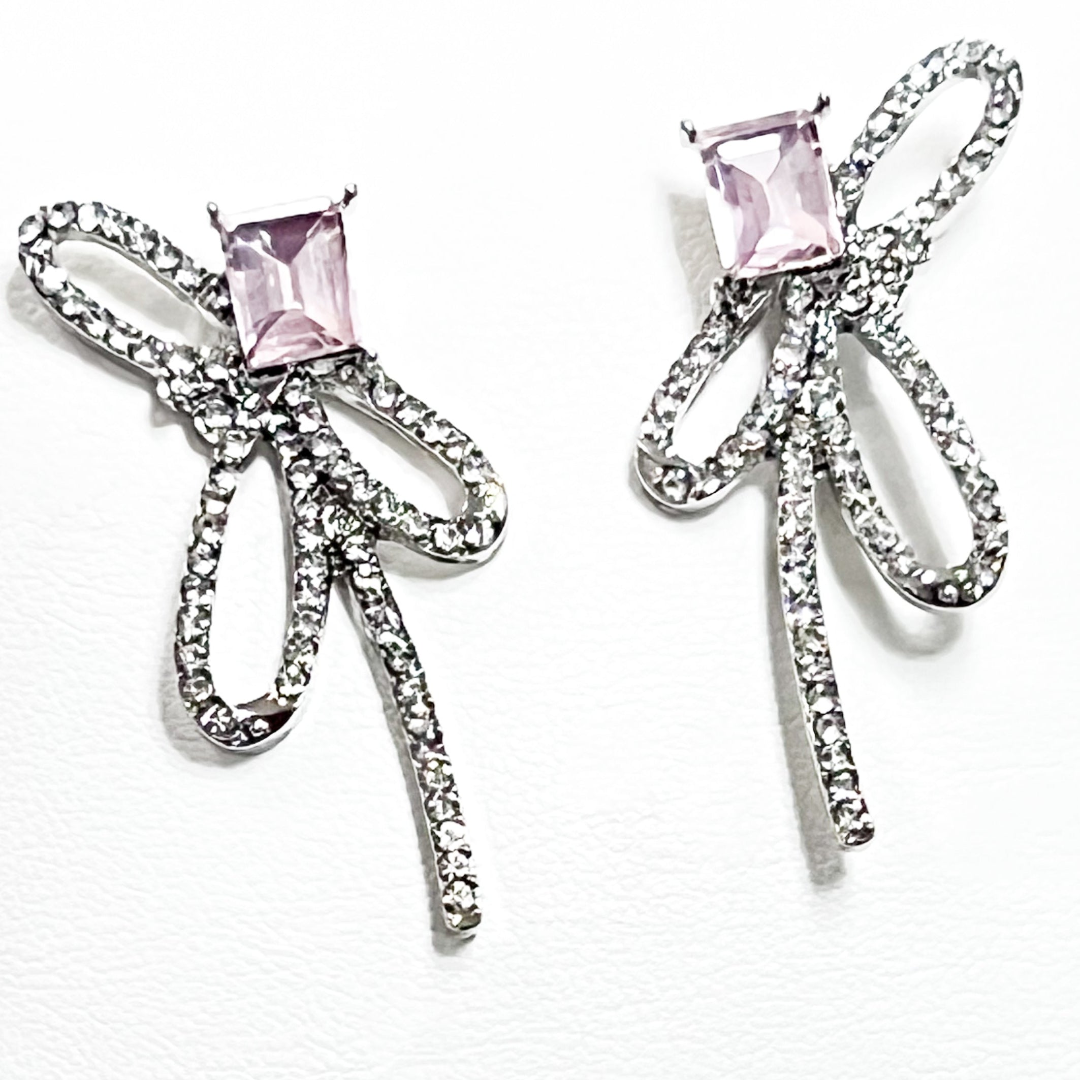 Mary - Rhinestone Bow Earrings w/ Pink Radiant Stone