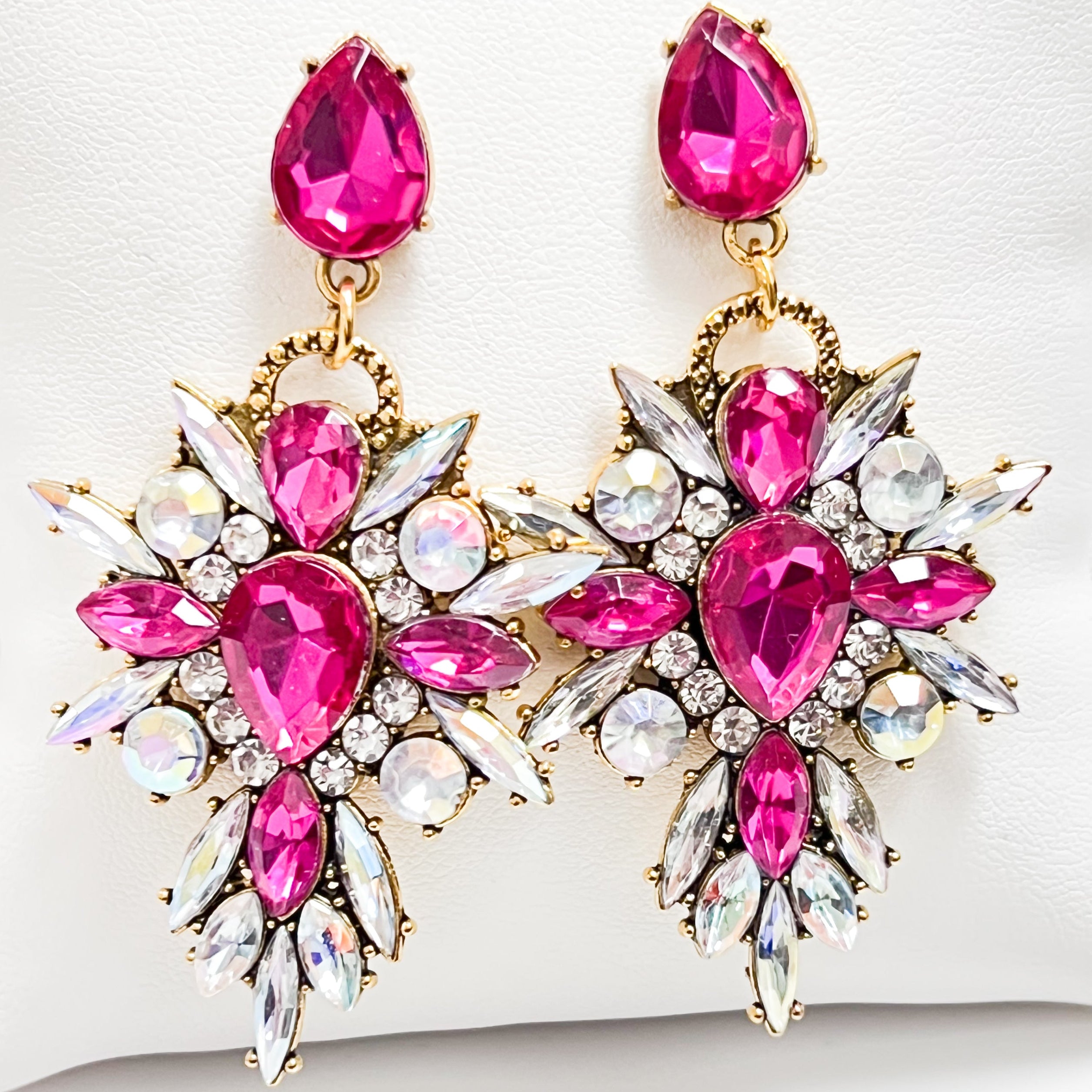 Jasmine - Rhinestone Statement Earrings (Fuchsia)