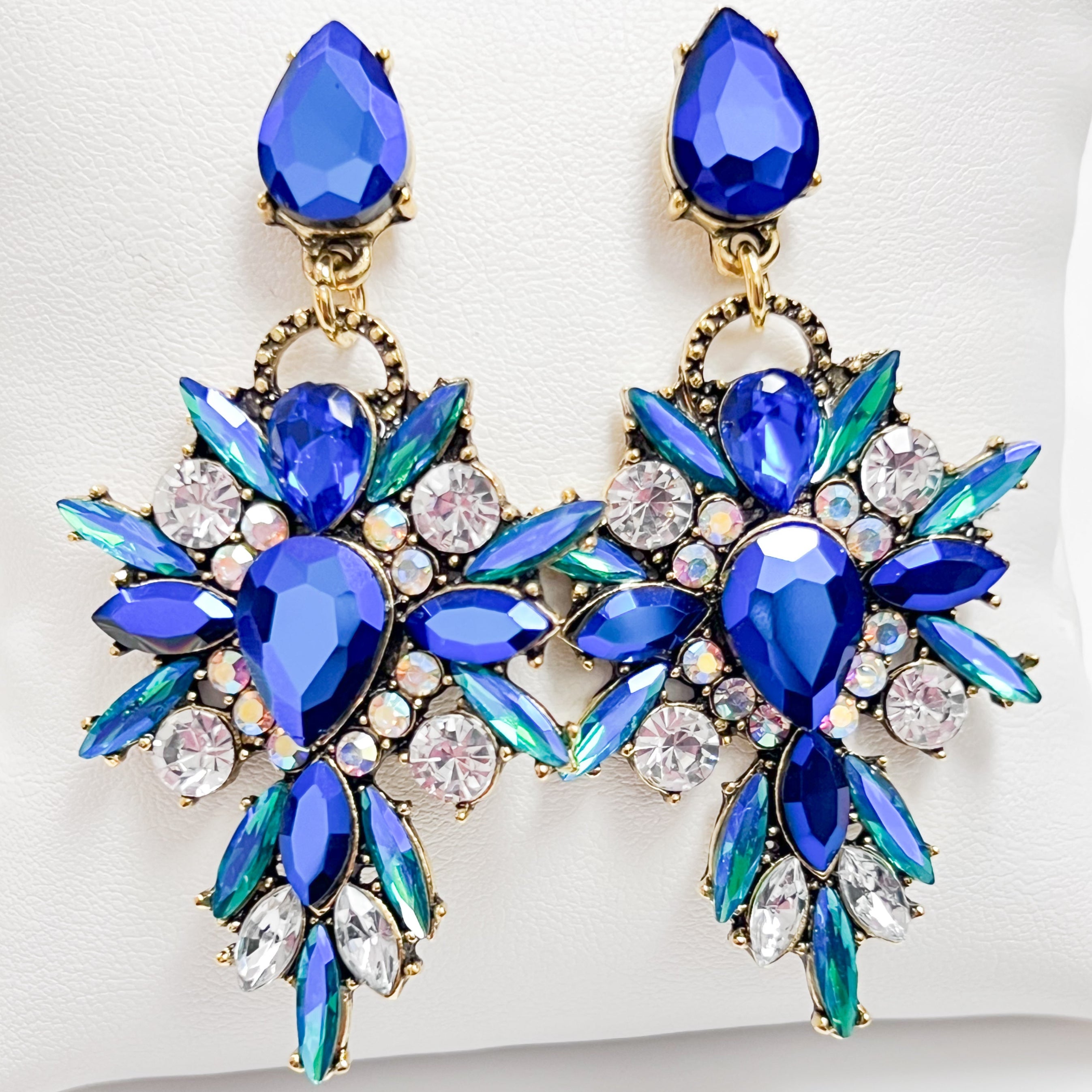 Jasmine - Rhinestone Statement Earrings (Royal Blue Iridescent)