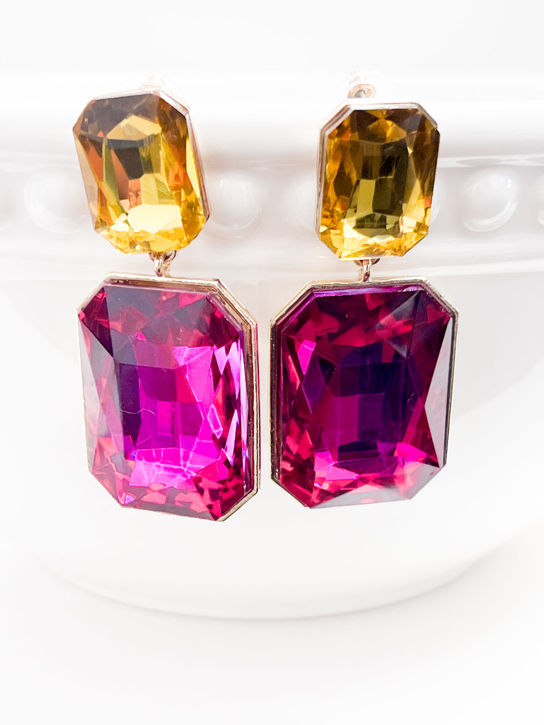 Delanie - Chunky Rhinestone Statement Earrings (Fuchsia & Gold)