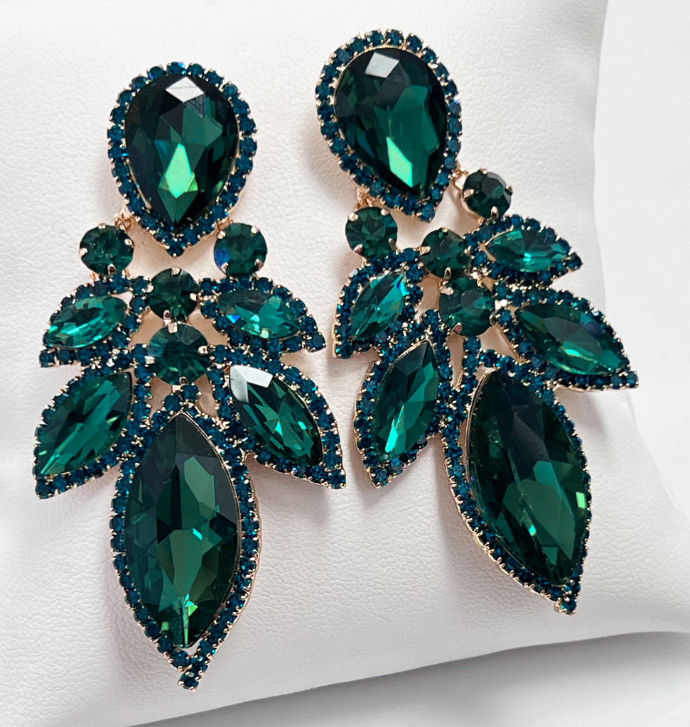 Sally - Rhinestone Statement Earrings (Emerald)