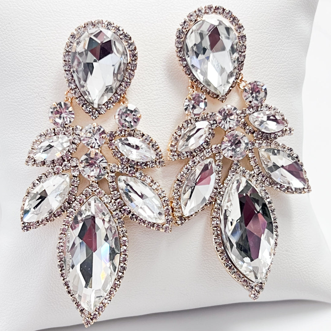 Sally - Rhinestone Statement Earrings (Clear/Gold)