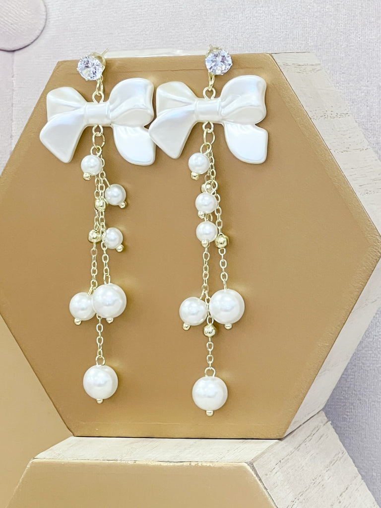 Sabrina - White Bow & Pearl Drop Earrings