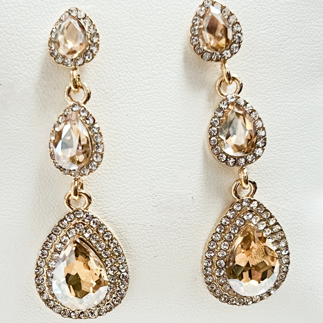 Ava - Tiered Teardrop Rhinestone Statement Earrings (Topaz)