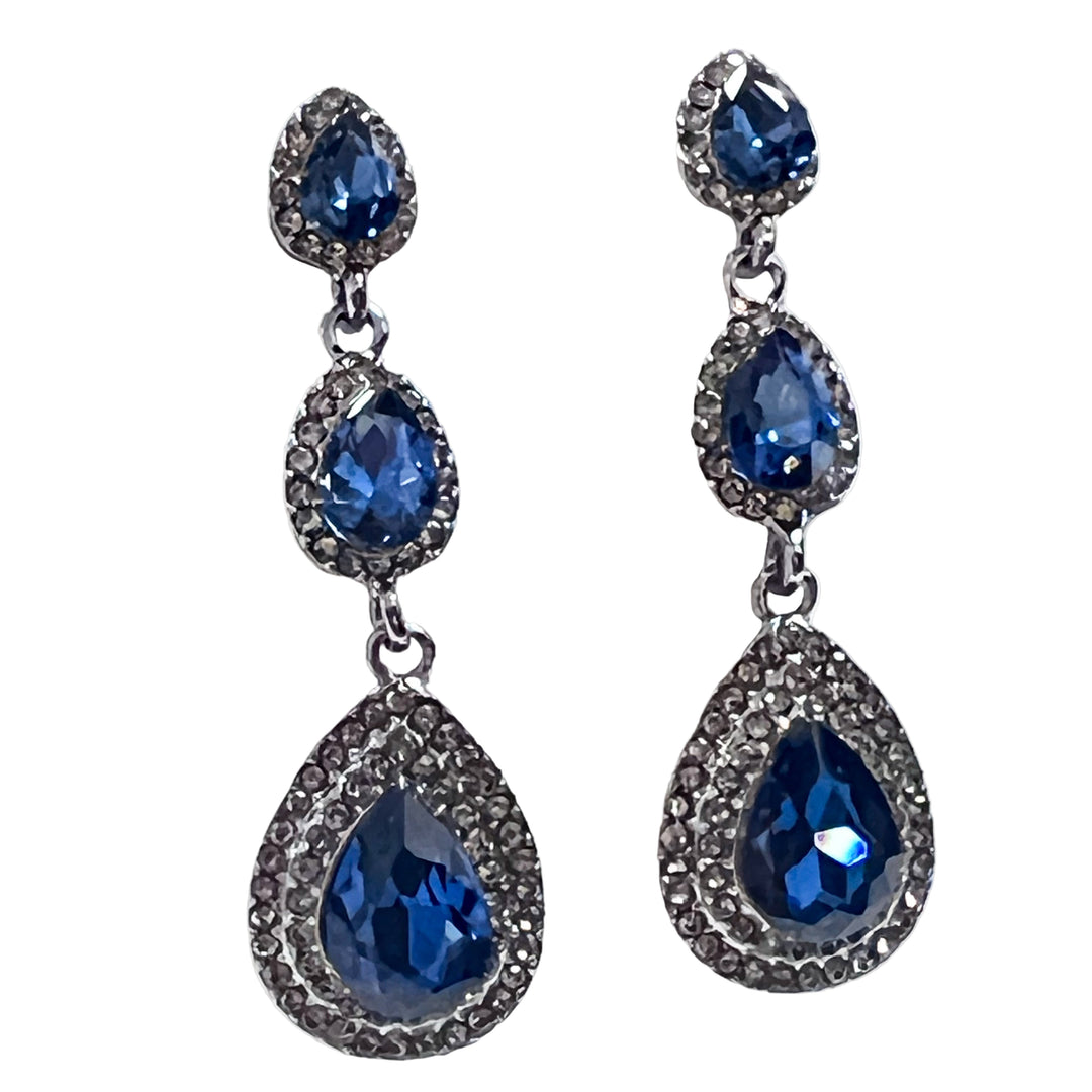 Ava - Tiered Teardrop Rhinestone Statement Earrings (Navy)