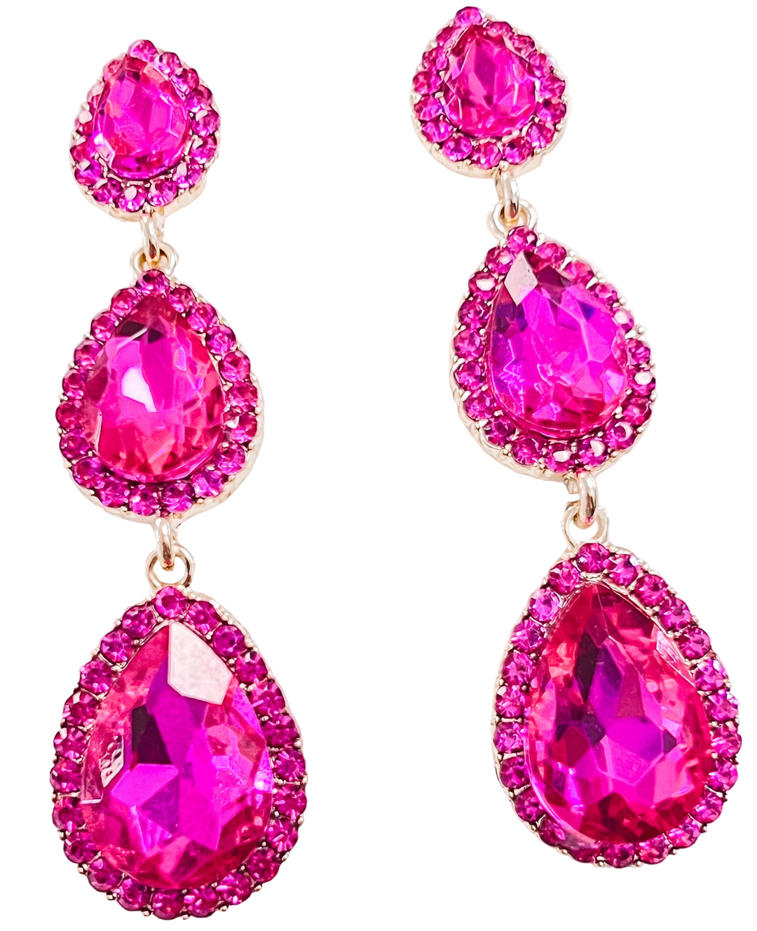 Daphne - Tiered Teardrop Rhinestone Statement Earrings (Fuchsia)