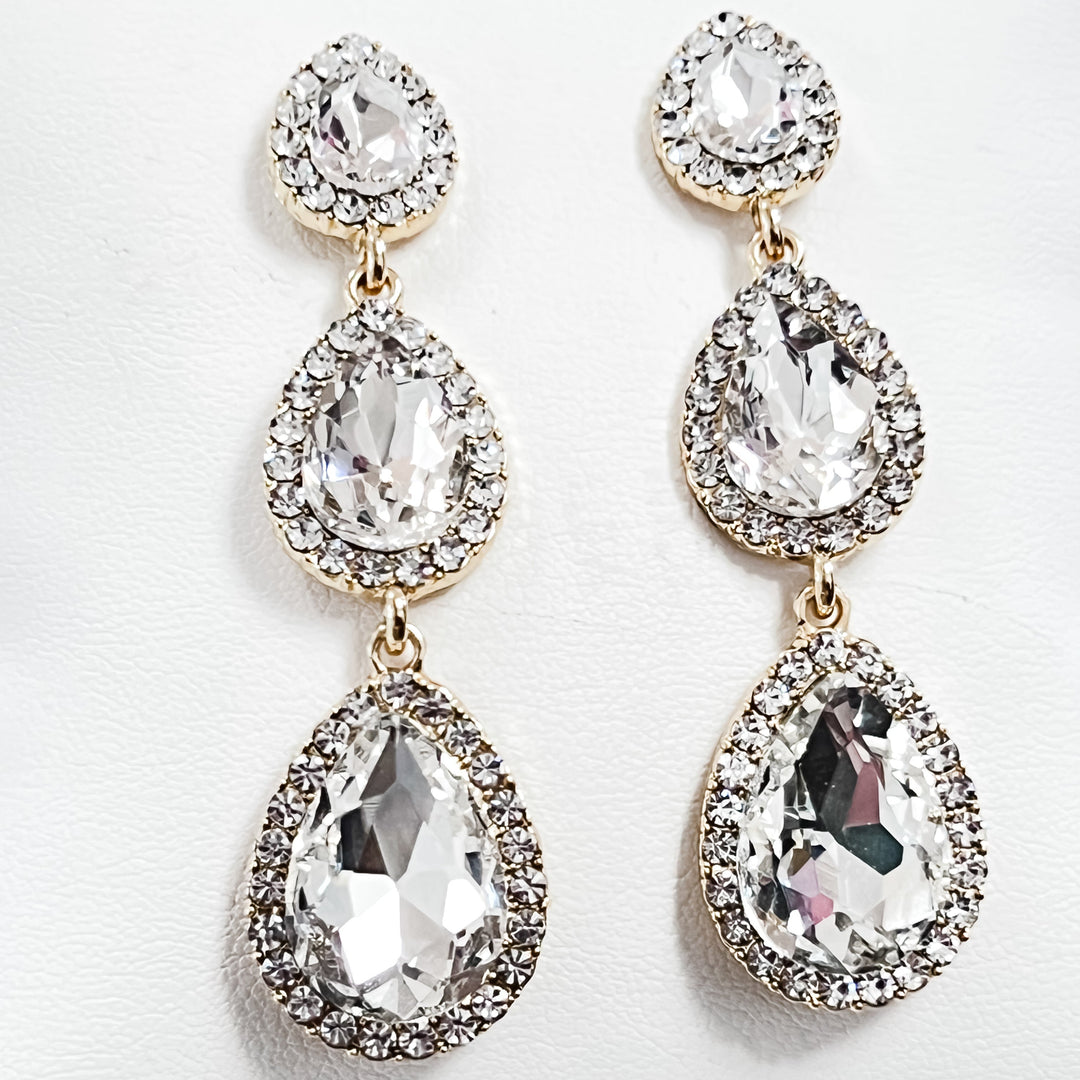 Daphne - Tiered Teardrop Rhinestone Statement Earrings (Clear)