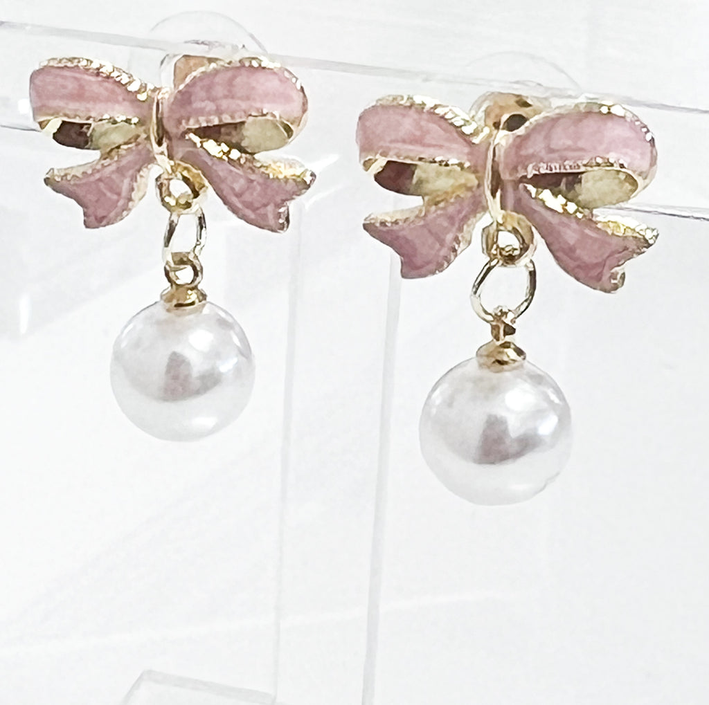 Inez - Pink enamel Bow Earrings w/ Pearl